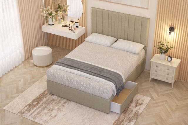 Somnior Alexas Linen Fabric Midnight Pocket Sprung Divan Storage Bed with 4 Drawers & Headboard in Beige - Size: Super King - image 1