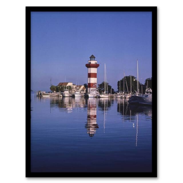 Artery8 Harbourtown Lighthouse South Carolina Margolies Framed Wall Art Print in Blue - Size: A4 - image 1