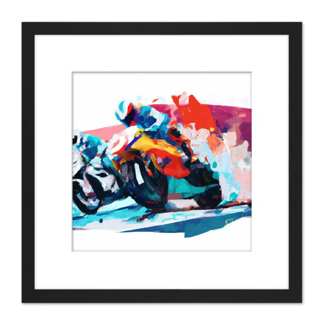 Artery8 Circuit De Barcelona MotoGP Bike Race Colourful Watercolour Painting Square Wooden Framed Wall Art Print Picture 8X8 Inch in Black - image 1