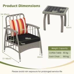 Kelvenix 3 PCS Rattan Bistro Set Wicker Furniture Set in Grey - Size: 0.6m2 - thumbnail 2