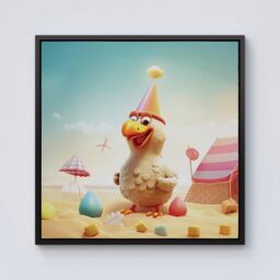 Warren Reed - Designer Funky Chicken On A Beach Holiday Framed Canvas in Black - Size: w10 inch x h10 inch - thumbnail 1