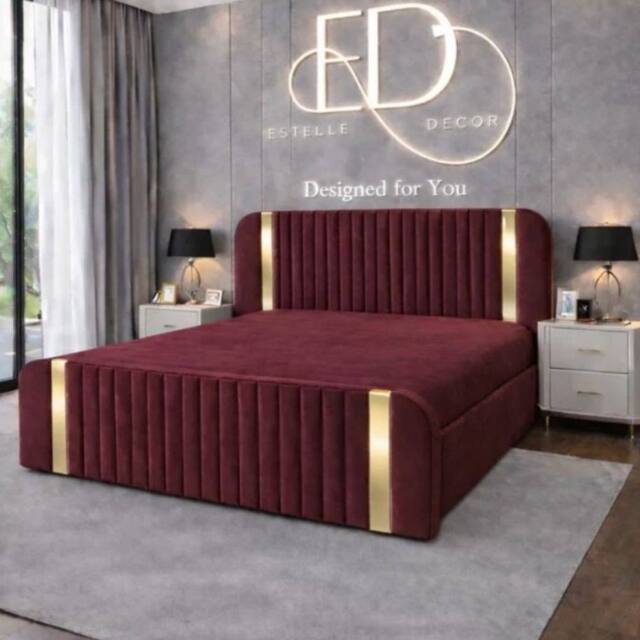 Stratus Interiors Aura Rounded Panel Bed Frame with Elegant Gold Accents-Ottoman Storage in Burgundy - Size: Double - image 1