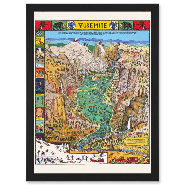 Artery8 Map Mora 1931 Yosemite Valley Pictorial National Park USA Artwork Framed Wall Art Print A4 in Black - image 1
