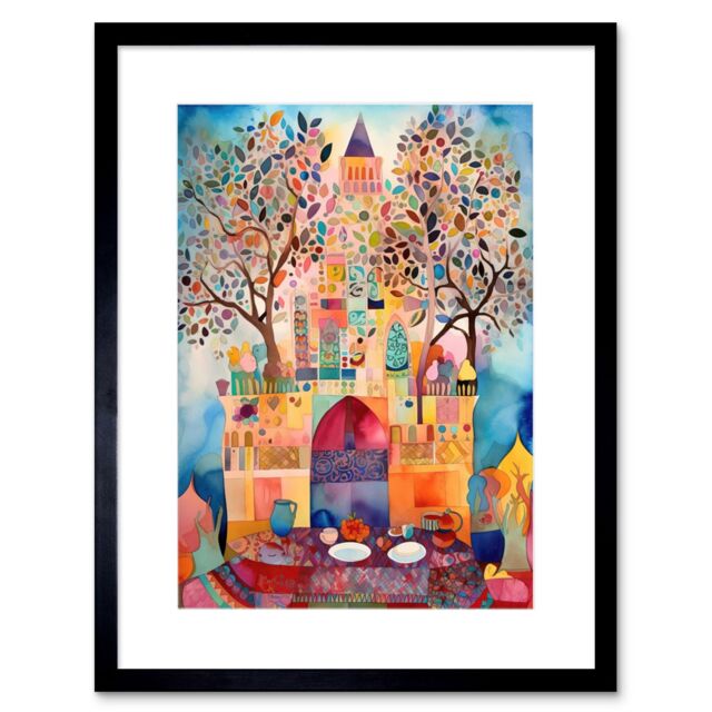 "Artery8 Wall Art Print Eid Al-Fitr Feast Folk Art Watercolour Painting Artwork Framed 9X7 Inch in Black - Size: W7"" x H9""" - image 1