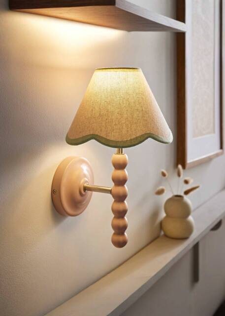 ValueLights Bobbins Rose Pink Bobble Wall Light & Linen Pastel Trim Lamp Shade in Pale Green - image 1