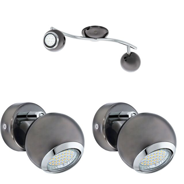 Loops Twin Ceiling Spot Light & 2x Matching Wall Lights Black Nickel Chrome Adjustable in Metallics - image 1