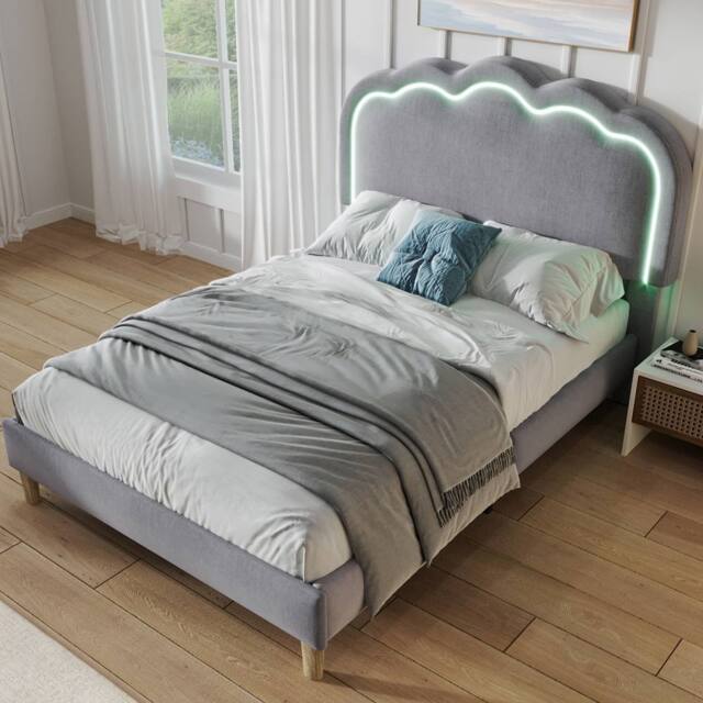 Merax 3FT Single Velvet Upholstered Bed with LED Adjustable Headboard in Grey - image 1