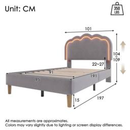 Merax 3FT Single Velvet Upholstered Bed with LED Adjustable Headboard in Grey - thumbnail 2