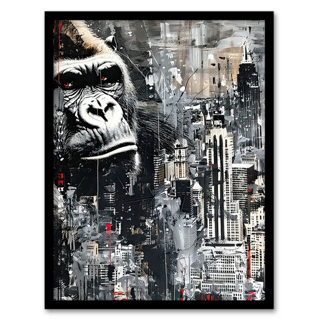 "Artery8 King Kong Gorilla New York Skyline Oil Painting Framed Art Print in Grey - Size: W12"" x H16""" - image 1