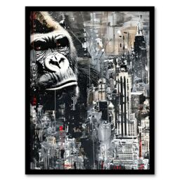 "Artery8 King Kong Gorilla New York Skyline Oil Painting Framed Art Print in Grey - Size: W12"" x H16""" - thumbnail 1