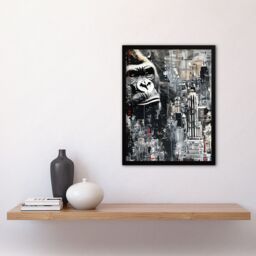 "Artery8 King Kong Gorilla New York Skyline Oil Painting Framed Art Print in Grey - Size: W12"" x H16""" - thumbnail 4
