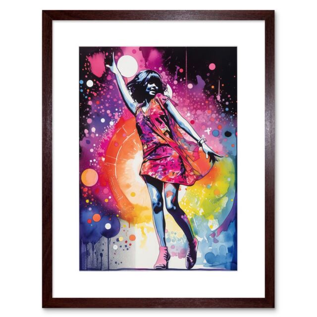 Artery8 Wall Art Print Disco Music Fever Dance Moves Woman in Rainbow Dancefloor Light Modern Watercolour Painting Artwork Framed 9X7 Inch - image 1
