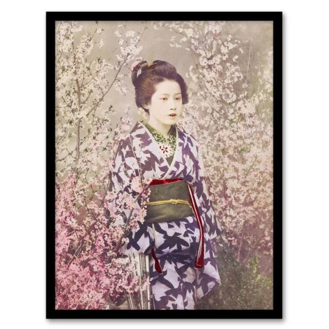 "Artery8 Geisha & Cherry Blossom Vintage Japan Framed Wall Art Print Kazumasa in Pink - Size: W12"" x H16""" - image 1