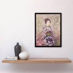 "Artery8 Geisha & Cherry Blossom Vintage Japan Framed Wall Art Print Kazumasa in Pink - Size: W12"" x H16""" - thumbnail 4