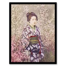 "Artery8 Geisha & Cherry Blossom Vintage Japan Framed Wall Art Print Kazumasa in Pink - Size: W12"" x H16""" - thumbnail 1