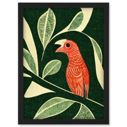 Artery8 Red Parrot On Tree Branch Vintage Linocut Illustration Artwork Framed Wall Art Print A4 in Black - thumbnail 1