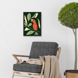 Artery8 Red Parrot On Tree Branch Vintage Linocut Illustration Artwork Framed Wall Art Print A4 in Black - thumbnail 2