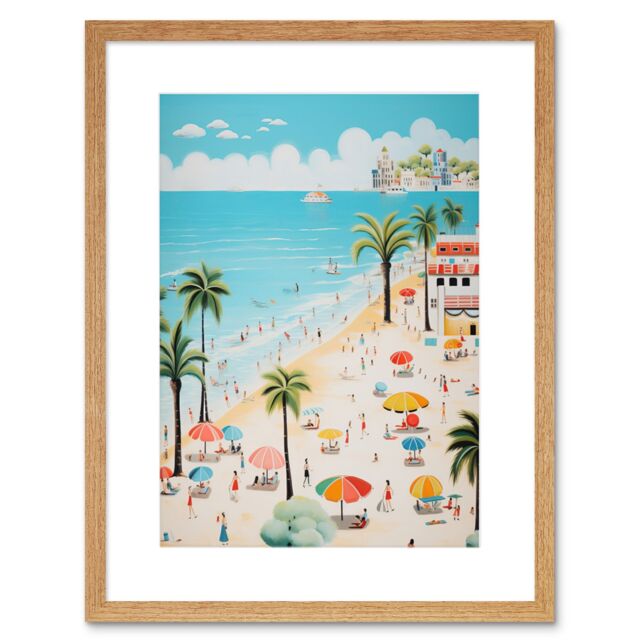Artery8 Wall Art Print Day at the Beach Summer Holidays Stylised Artwork Pastel Colour Vacation Tourists Coastal Landscape Artwork Framed 9X7 Inch - image 1