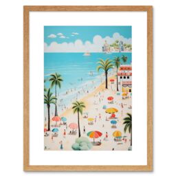 Artery8 Wall Art Print Day at the Beach Summer Holidays Stylised Artwork Pastel Colour Vacation Tourists Coastal Landscape Artwork Framed 9X7 Inch - thumbnail 1
