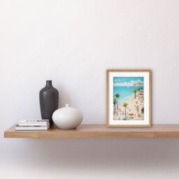 Artery8 Wall Art Print Day at the Beach Summer Holidays Stylised Artwork Pastel Colour Vacation Tourists Coastal Landscape Artwork Framed 9X7 Inch - thumbnail 2
