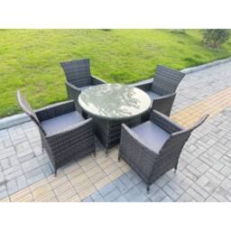 Fimous Rattan Garden Furniture 4 Seater Garden Big Round Table & Chairs in Dark Grey - thumbnail 1