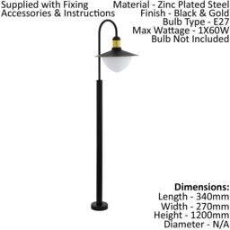 Loops IP44 Outdoor Bollard Light Black & Gold Curved Arm Post 1 x 60W E27 Bulb - thumbnail 2