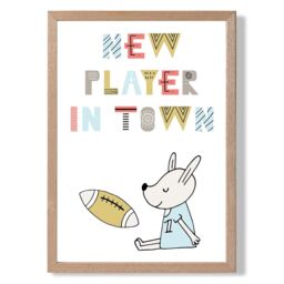 ARTZE Cute New Player in Town Scandi Quote Framed Print SIZE: A3 with Oak Frame in Pale Blue - Size: A4