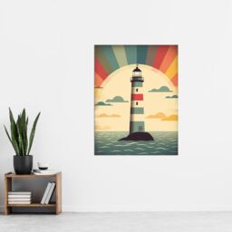 "Artery8 Retro Lighthouse Bathroom Art Sunrise Mid Century Modern Flat Vintage Style Extra Large XL Wall Art Poster Print - Size: W24"" x H32""" - thumbnail 4