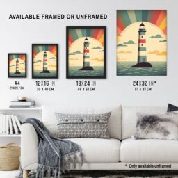 "Artery8 Retro Lighthouse Bathroom Art Sunrise Mid Century Modern Flat Vintage Style Extra Large XL Wall Art Poster Print - Size: W24"" x H32""" - thumbnail 3