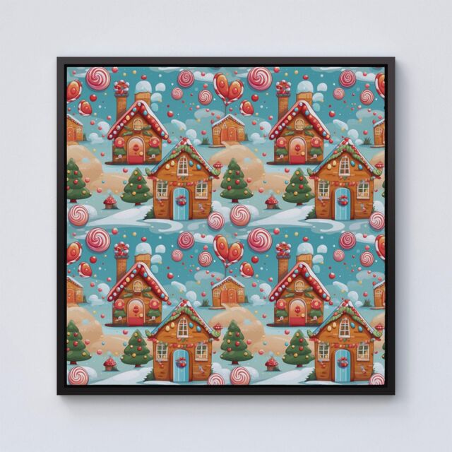 Warren Reed - Designer Christmas Gingerbread House Framed Canvas in Black - Size: w10 inch x h10 inch - image 1