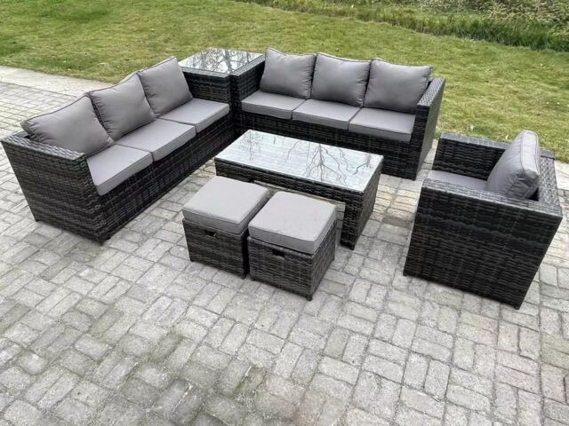 Fimous Outdoor Rattan Garden Furniture Lounge Sofa Set With Oblong Rectagular Coffee Table Arm Chair in Dark Grey - image 1