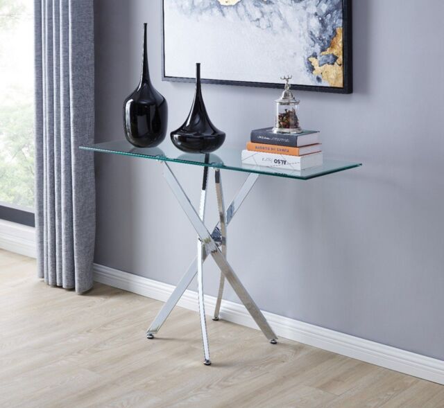FurnitureboxUK Leonardo Rectangular Glass Console Table with Metal Angled Starburst Legs for Modern Living Room in Silver - image 1
