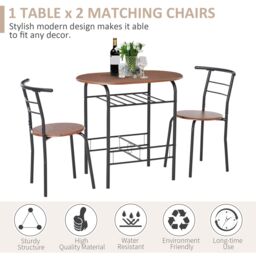 HOMCOM 3 Piece Bar Table Set 2 Stools Industrial Style Dining Room Storage in Light Brown - thumbnail 4