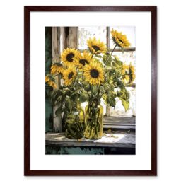 "Artery8 Wall Art Print Sunflowers Still Life Watercolour Painting Yellow Flowers Farmhouse Window Sill Artwork Framed 9X7 Inch - Size: W7"" x H9""" - thumbnail 1