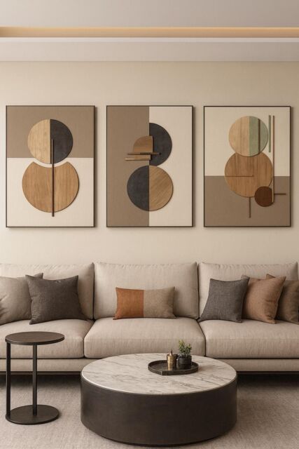 Mafett Set of 3 Abstract Circle Canvas Wall Art in Beige - Size: A2 - image 1