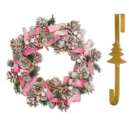 Dibor 33cm Pastel Pink Driftwood Christmas Wreath with Tree Wreath Hanger - thumbnail 1