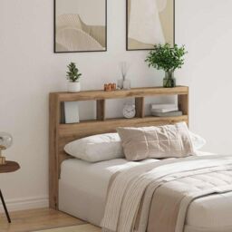 Berkfield Home Headboard Cabinet with LED Artisan Oak 140x17x102 cm in Brown - Size: 140 x 17 x 102 cm - thumbnail 4