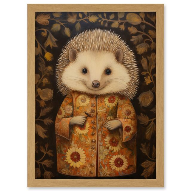 Artery8 Wall Art Print Autumn Hedgehog in Sunflower Robe Modern Artwork Framed A4 in Light Oak - image 1