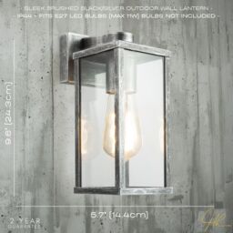 Happy Homewares Traditional Black Silver Outdoor Lantern Wall Light Fitting with Glass Sides - thumbnail 6