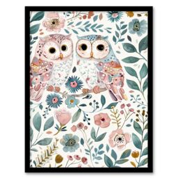 Artery8 Cute Owl Couple Pastel Colour Floral Watercolour Framed Wall Art - Size: A4 - thumbnail 1