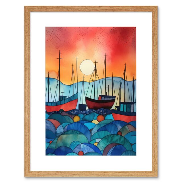 "Artery8 Wall Art Print Fishing Boats At Sunset Folk Art Watercolour Painting Artwork Framed 9X7 Inch in Beige - Size: W7"" x H9""" - image 1