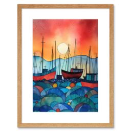 "Artery8 Wall Art Print Fishing Boats At Sunset Folk Art Watercolour Painting Artwork Framed 9X7 Inch in Beige - Size: W7"" x H9""" - thumbnail 1