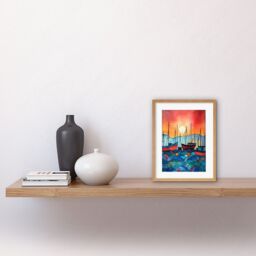 "Artery8 Wall Art Print Fishing Boats At Sunset Folk Art Watercolour Painting Artwork Framed 9X7 Inch in Beige - Size: W7"" x H9""" - thumbnail 2
