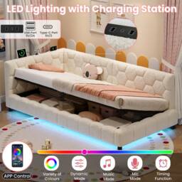 Merax 3ft Single Boucle Side Hydraulic Ottoman Day Bed with LED & Charging in Beige - thumbnail 9