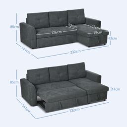HOMCOM 3 Seater Sofa Bed, Convertible Pull Out Sofa with Storage, Dark Grey - thumbnail 3