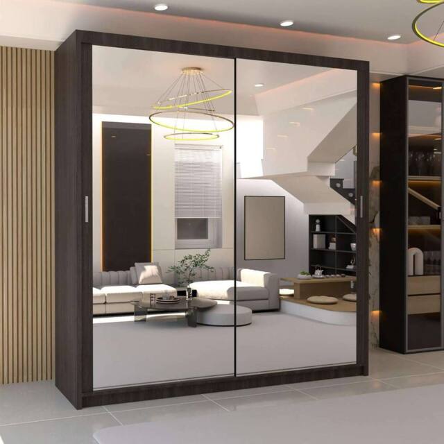 MN Furniture Double Mirror Sliding Door Wardrobe W150cm x H217cm in Dark Brown - Size: 1 Pack - image 1