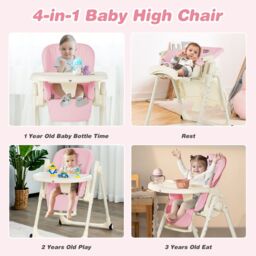 Gymax 4-in-1 Nursery High Chair Folding Feeding Chair With Footrest in Baby Pink - thumbnail 6