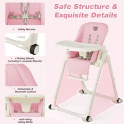 Gymax 4-in-1 Nursery High Chair Folding Feeding Chair With Footrest in Baby Pink - thumbnail 7
