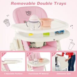 Gymax 4-in-1 Nursery High Chair Folding Feeding Chair With Footrest in Baby Pink - thumbnail 3
