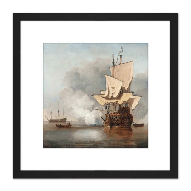 Artery8 The Cannon Shot Battle At Sea Illustration 8X8 Inch Square Wooden Framed Wall Art Print Picture with Mount in Black - image 1